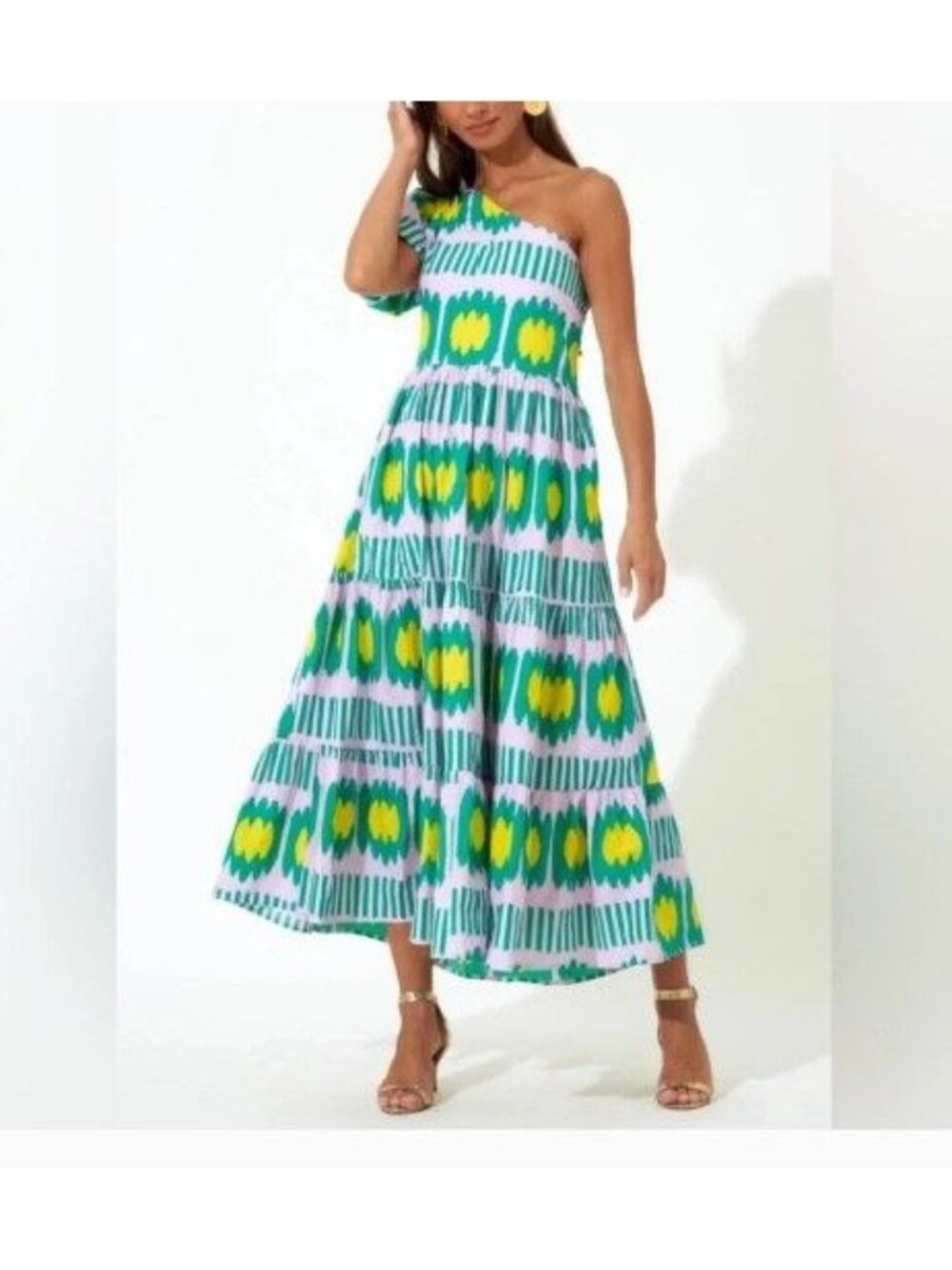 Oliphant Green and Yellow One-Shoulder Maxi Dress